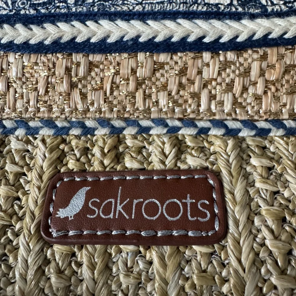Sakroots Straw Tote with Blue Floral Panel and Red Accent Sunburst